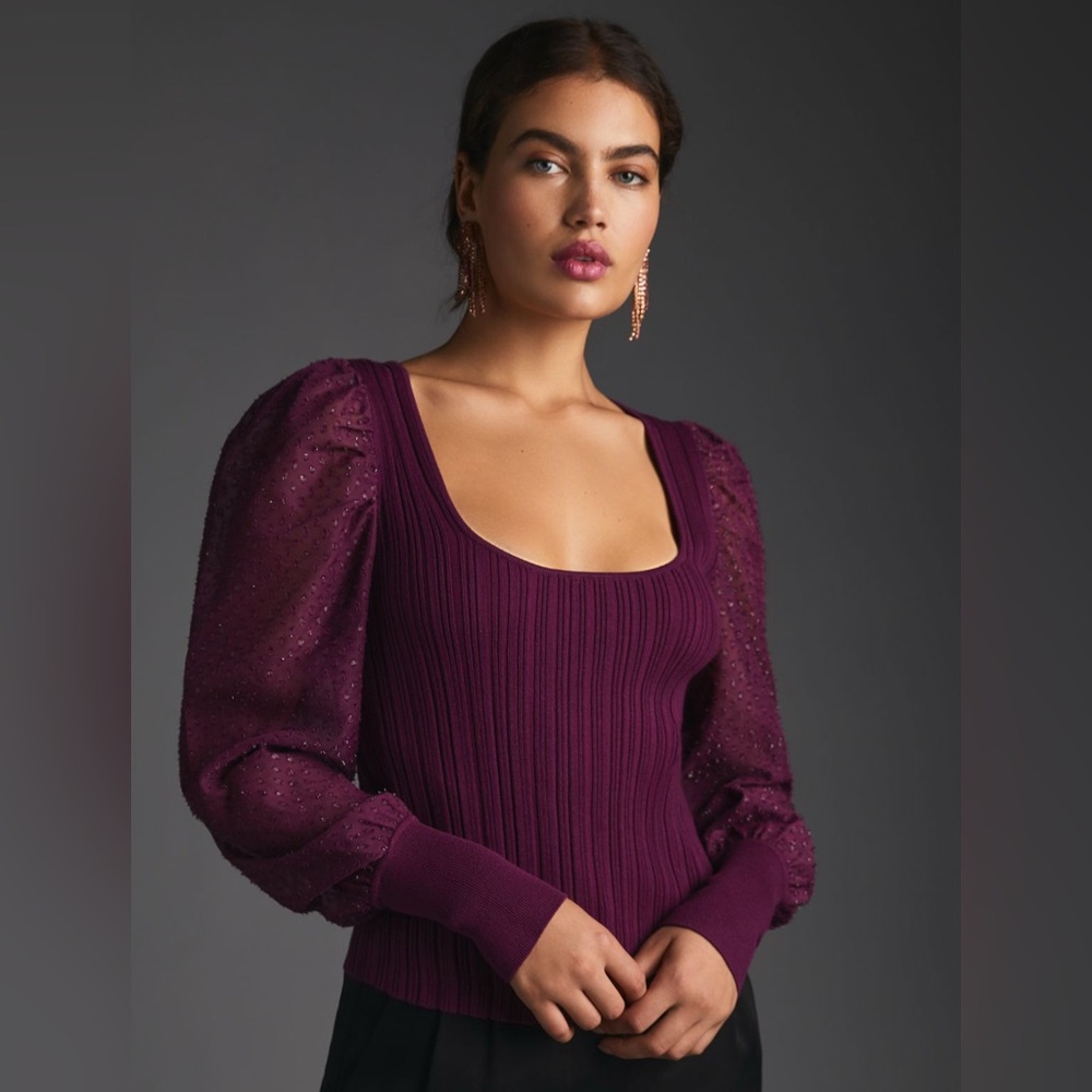 Anthropologie Purple Puff-Sleeve Shimmer Sweater Small